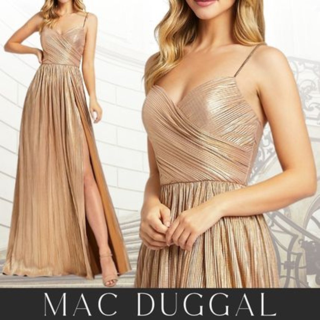 Nwt Mac Duggal Metallic Gold Rushed A Line Long Gown Sz 12 26275
